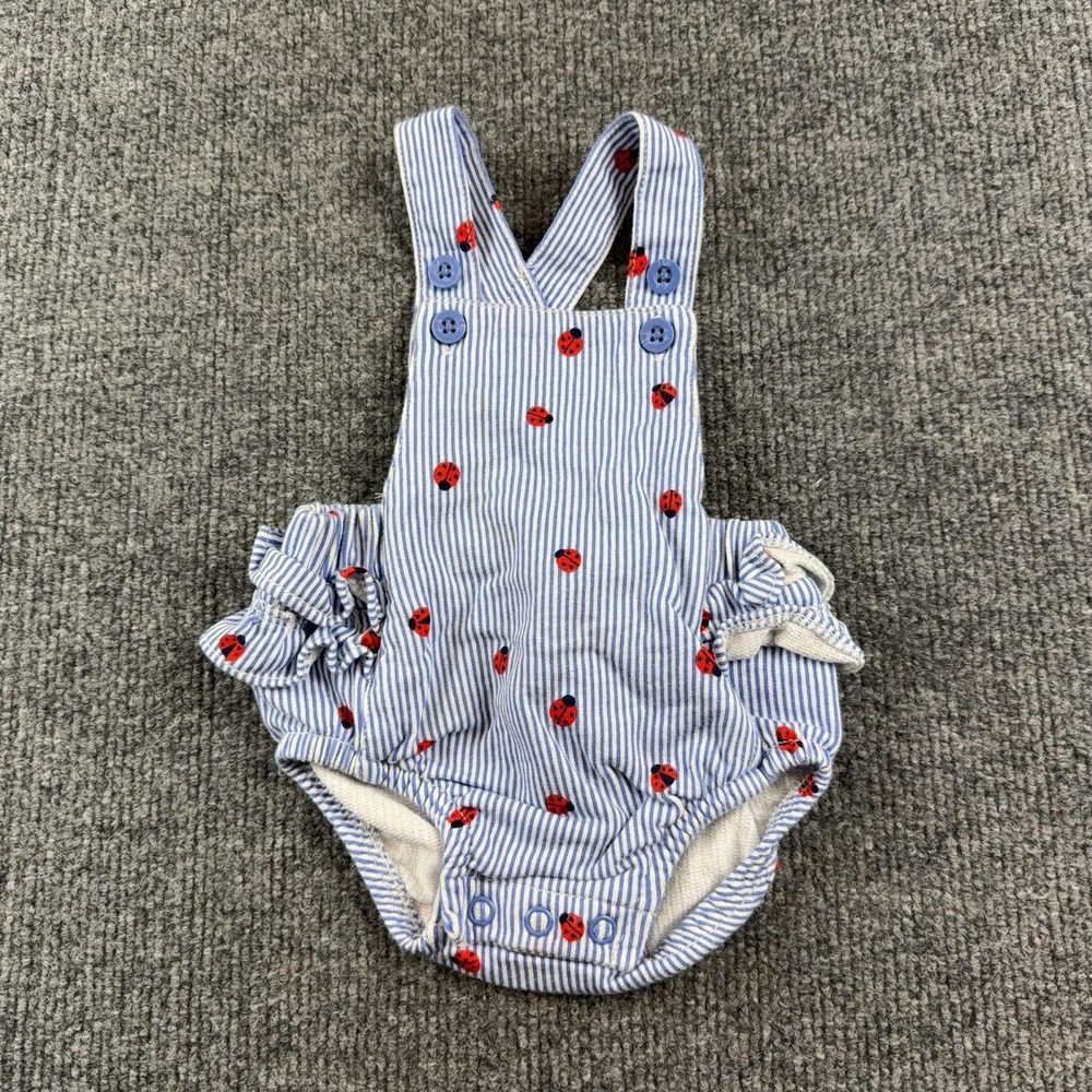 Carter's Romper Girls Newborn Blue Striped Ladybug One Piece Ruffle Straps